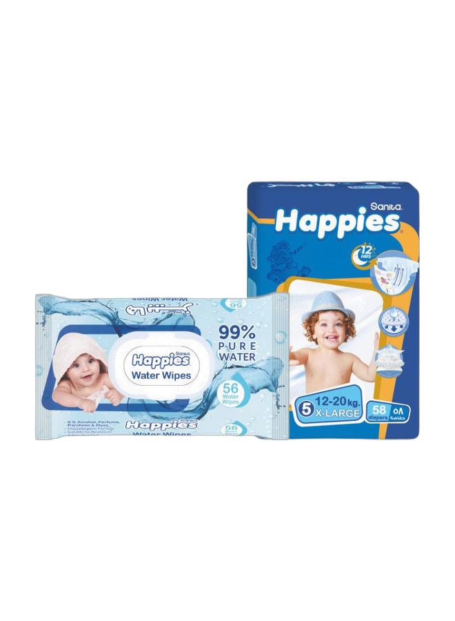 هابيس حفاضات اطفال كبير جدا (مقاس 5) 58 حفاضه + مناديل اطفال مبللة 56 ق - Image 1