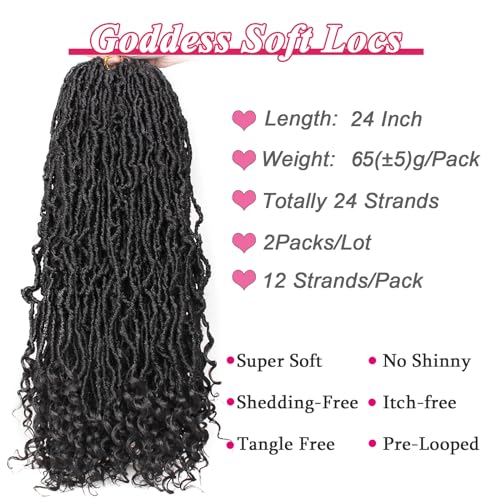 Leeven 24 Inch Goddess New Faux Locs Crochet Hair 2 Packs Long Soft Locs Crochet Braids Hair With Curly Ends Natural Black Synthetic Bohemian Locs Braiding Hair for Women 12 Strands/Pack 1B# - Image 3