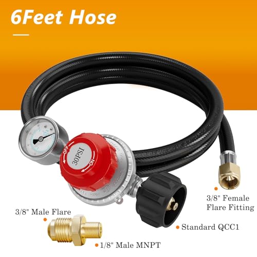 NUPICK 6FT 0-30 PSI Adjustable High Pressure Propane Regulator with 0~60PSI Gauge Gas Flow Indicator，Propane Regulator with Hose for LP Gas Cooker, Burner, Turkey Fryer, Smoker - Image 2
