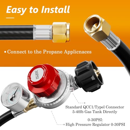 NUPICK 6FT 0-30 PSI Adjustable High Pressure Propane Regulator with 0~60PSI Gauge Gas Flow Indicator，Propane Regulator with Hose for LP Gas Cooker, Burner, Turkey Fryer, Smoker - Image 3