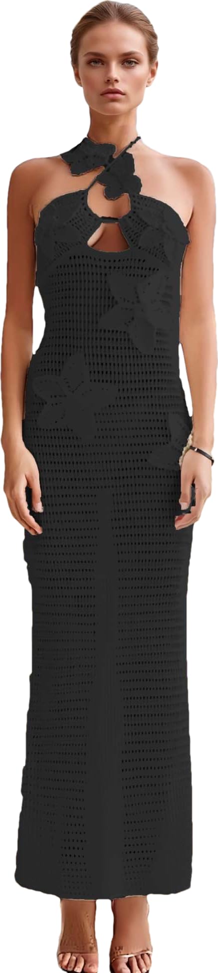 RanRui Women's Halter 3D Flower Knitted Hollow Out Beach Dress balckless Open Back Swimsuit Cover up Holiday Party Maxi Dress Halter Neck Boho Summer Resort Wear(S, Black) - Image 3