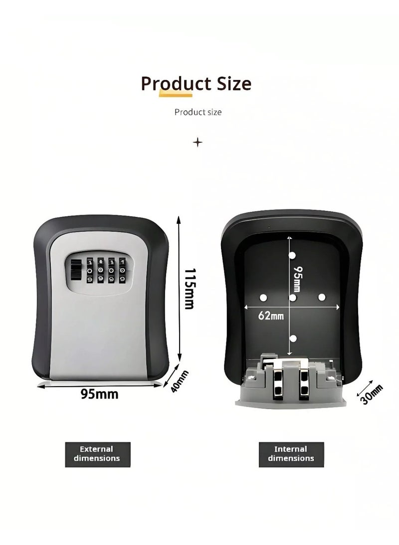 Key Lock 4 Digit Combination Code Key Safe Box indoor Outdoor Wall Mounted Black Grey - Image 2