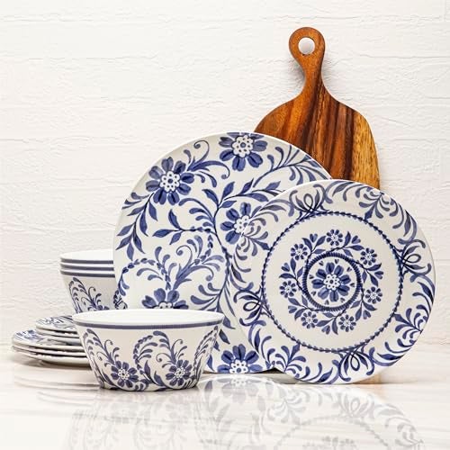 Bzyoo 12-Piece Melamine Dinnerware Set - Indigo Floral | Lightweight, Durable, BPA-Free | Dishwasher Safe Dish Set for Indoor & Outdoor Use - Perfect for Camping, BBQs, Kids Parties - Image 1