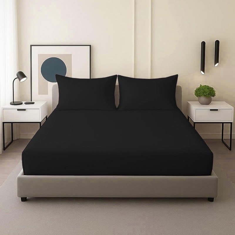 FOAM CRAFT 3 Piece Fitted Sheet Set - Queen Size Fitted Bed Sheet & 2 Pillow Shams, 100% Cotton, 300TC, Deep Pockets, Black - Image 1