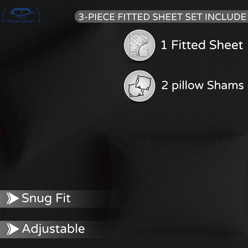FOAM CRAFT 3 Piece Fitted Sheet Set - Queen Size Fitted Bed Sheet & 2 Pillow Shams, 100% Cotton, 300TC, Deep Pockets, Black - Image 5