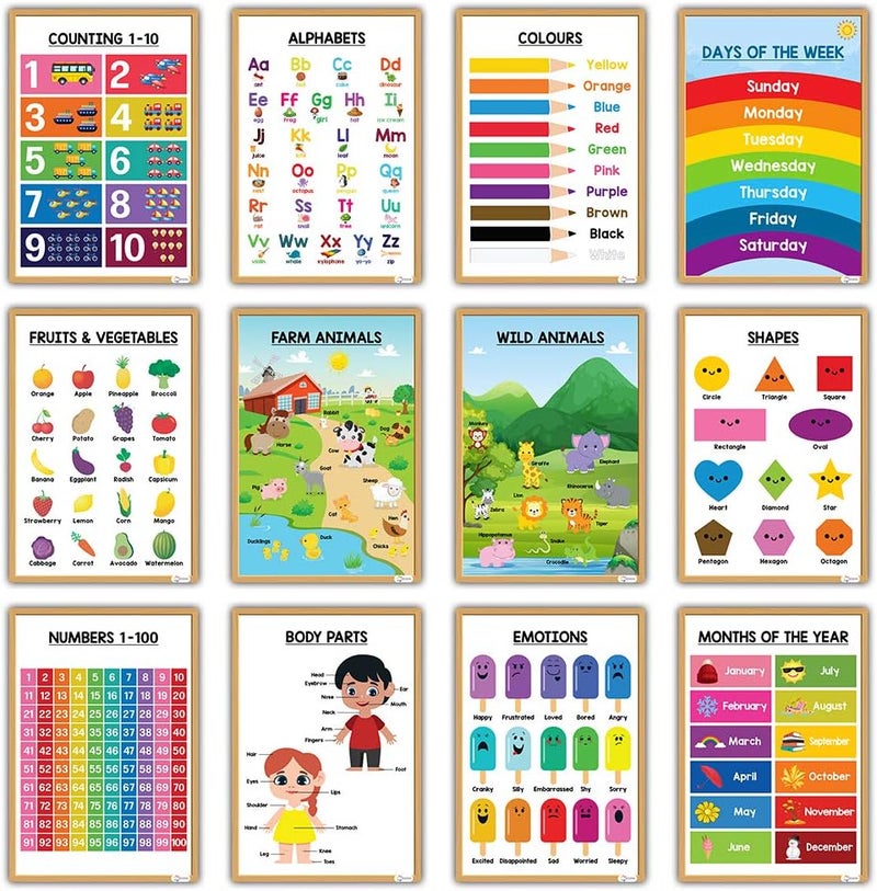 ESSEN Educational Preschool Posters Learning Charts Resources For Kids Toddlers Alphabets, Numbers, Shapes, Colors, Animals, Months Of Year, Days Of Week, Emotions, Fruits, Body Parts&more-Set of 12 - Image 1
