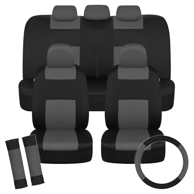 BDK PolyPro Car Seat Covers Full Set in Charcoal on Black with Steering Wheel Cover Seat Belt Pads Front and Rear Split Bench Car Seat Cover Easy to Install Interior Covers for Auto Truck SUV