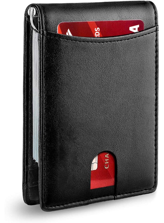 Genuine Leather Wallet Multi-Card Anti-Theft Wallet Microfiber Card Holder Men's Beauty Gold Clip Men's Carbon Fiber Wallet-Color:Plain Black + Black Lining - Image 1