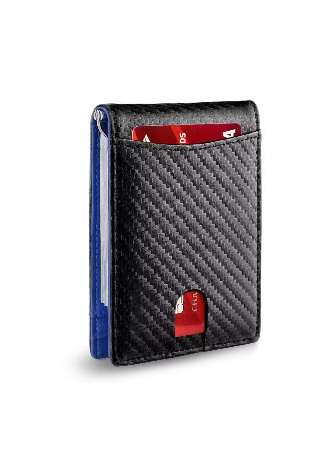 Genuine Leather Wallet Multi-Card Anti-Theft Wallet Microfiber Card Holder Men's Beauty Gold Clip Men's Carbon Fiber Wallet-Color:Plain Black + Black Lining - Image 2