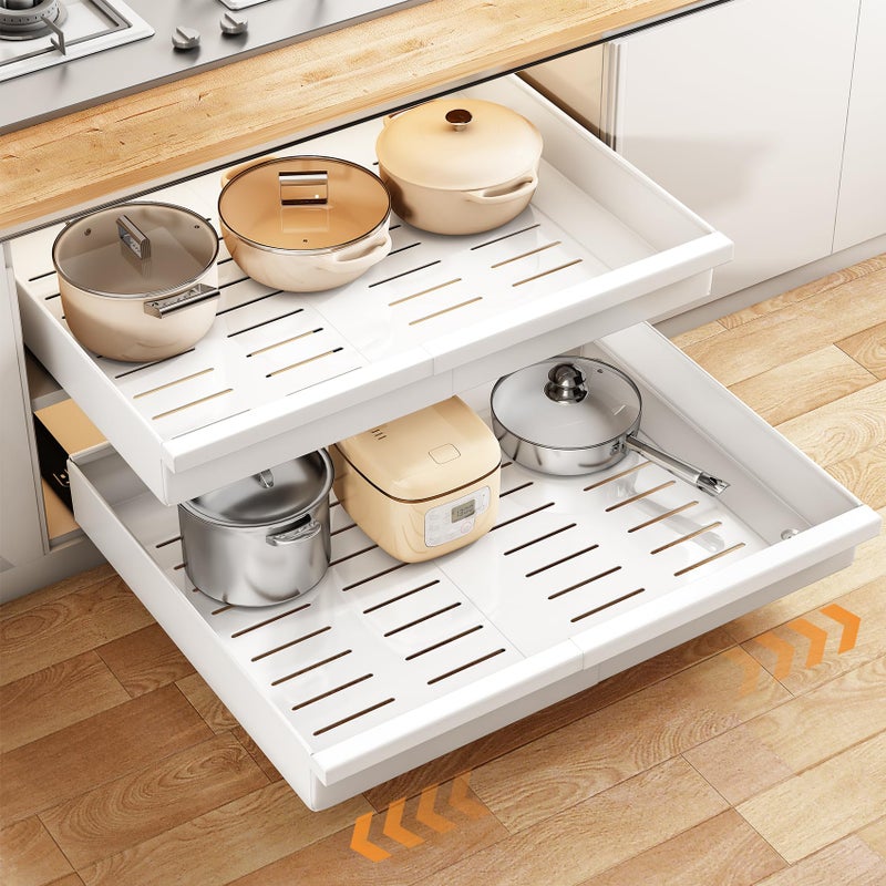 PXRACK Expandable Pull out Cabinet Organizer1 PackWhite Wider13624  Deeper21 3 ThreeSection Slide Rails Adhesive No Drill Drawers for Kitchen Cabinets Pots and Pans Organizer