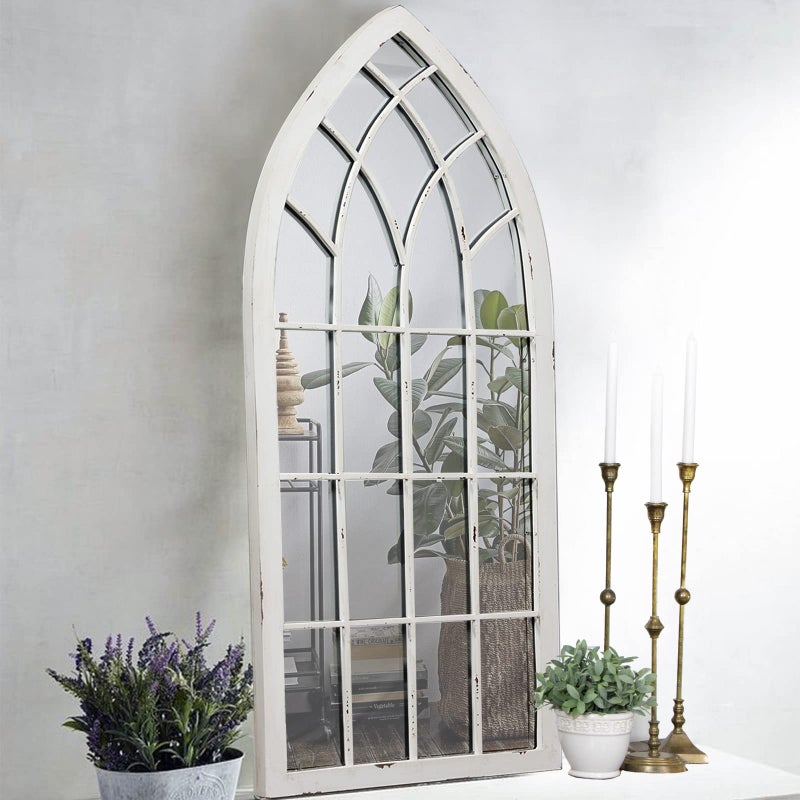 Sintosin Rustic Arched Window Mirrors for Wall Decor Living Room 20 x 45 inches, Hanging Distressed White Window Pane Mirror Wall Decor, Farmhouse Wooden Cathedral Large Decorative Metal Mirror - Image 1
