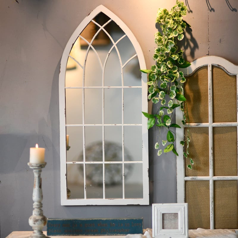 Sintosin Rustic Arched Window Mirrors for Wall Decor Living Room 20 x 45 inches, Hanging Distressed White Window Pane Mirror Wall Decor, Farmhouse Wooden Cathedral Large Decorative Metal Mirror - Image 4