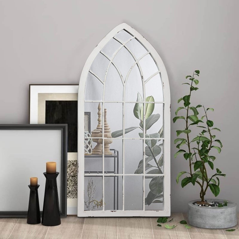 Sintosin Rustic Arched Window Mirrors for Wall Decor Living Room 20 x 45 inches, Hanging Distressed White Window Pane Mirror Wall Decor, Farmhouse Wooden Cathedral Large Decorative Metal Mirror - Image 3