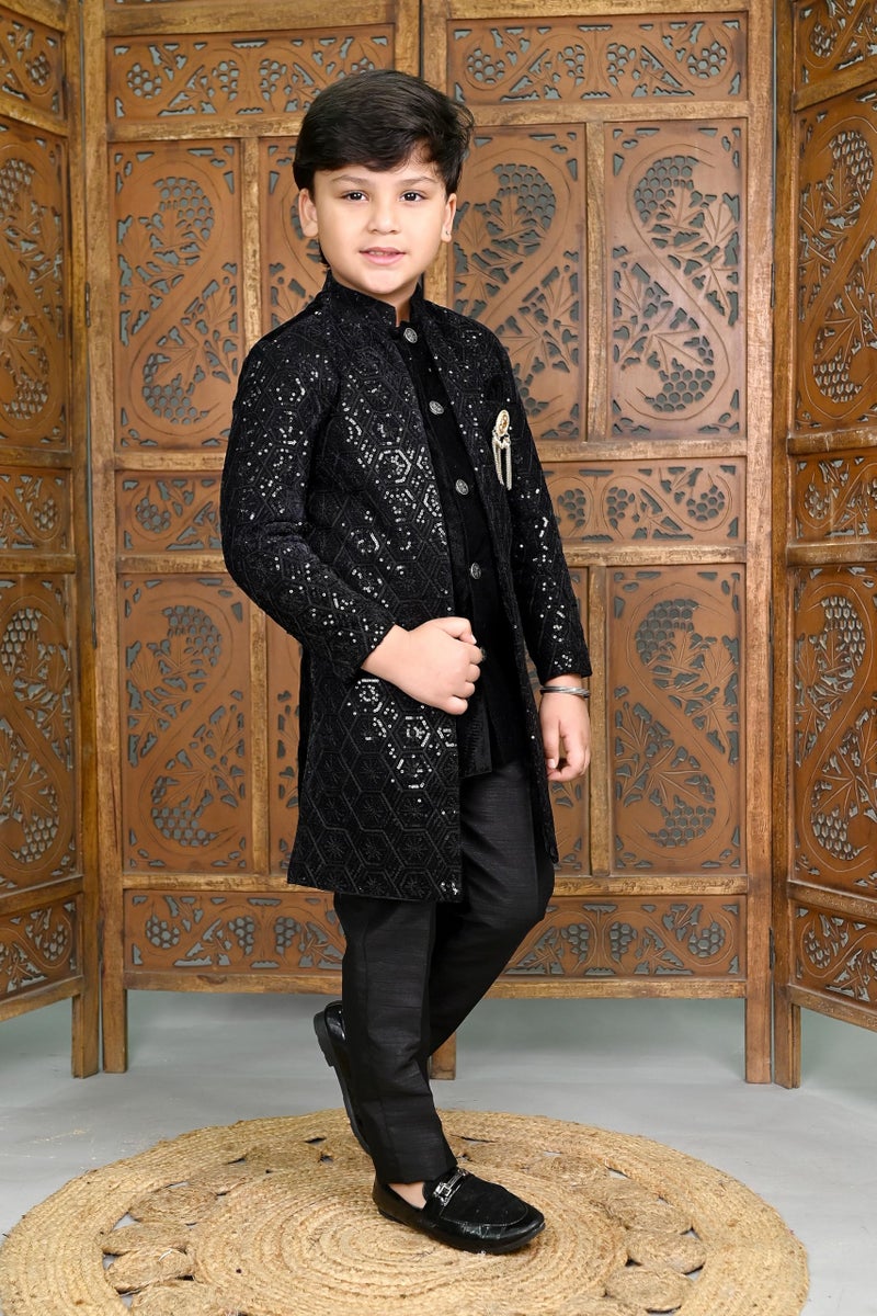 AHHAAAA Boys Velvet Embroidered 2-Piece Sherwani Set with Solid Pajama Pants – Elegant Traditional Outfit for Kids|Black, 4-5 Years| - Image 5