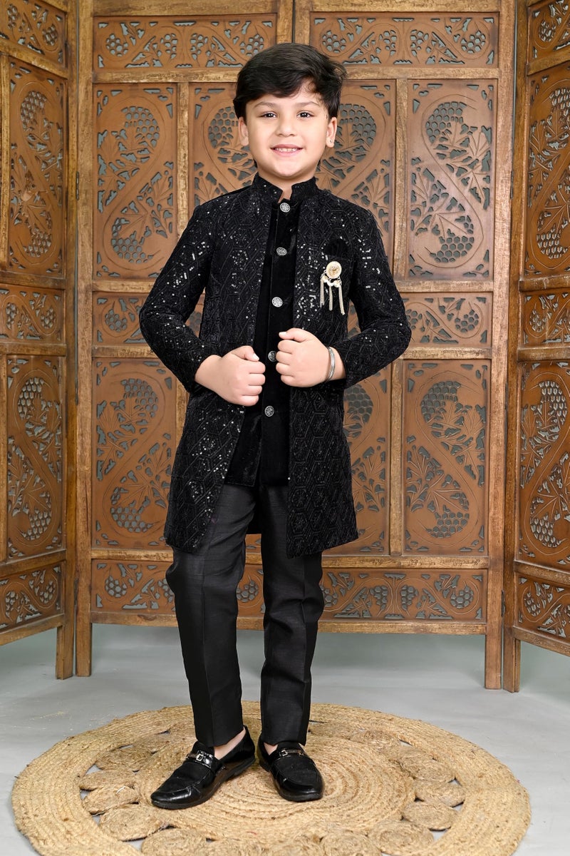 AHHAAAA Boys Velvet Embroidered 2-Piece Sherwani Set with Solid Pajama Pants – Elegant Traditional Outfit for Kids|Black, 4-5 Years| - Image 2