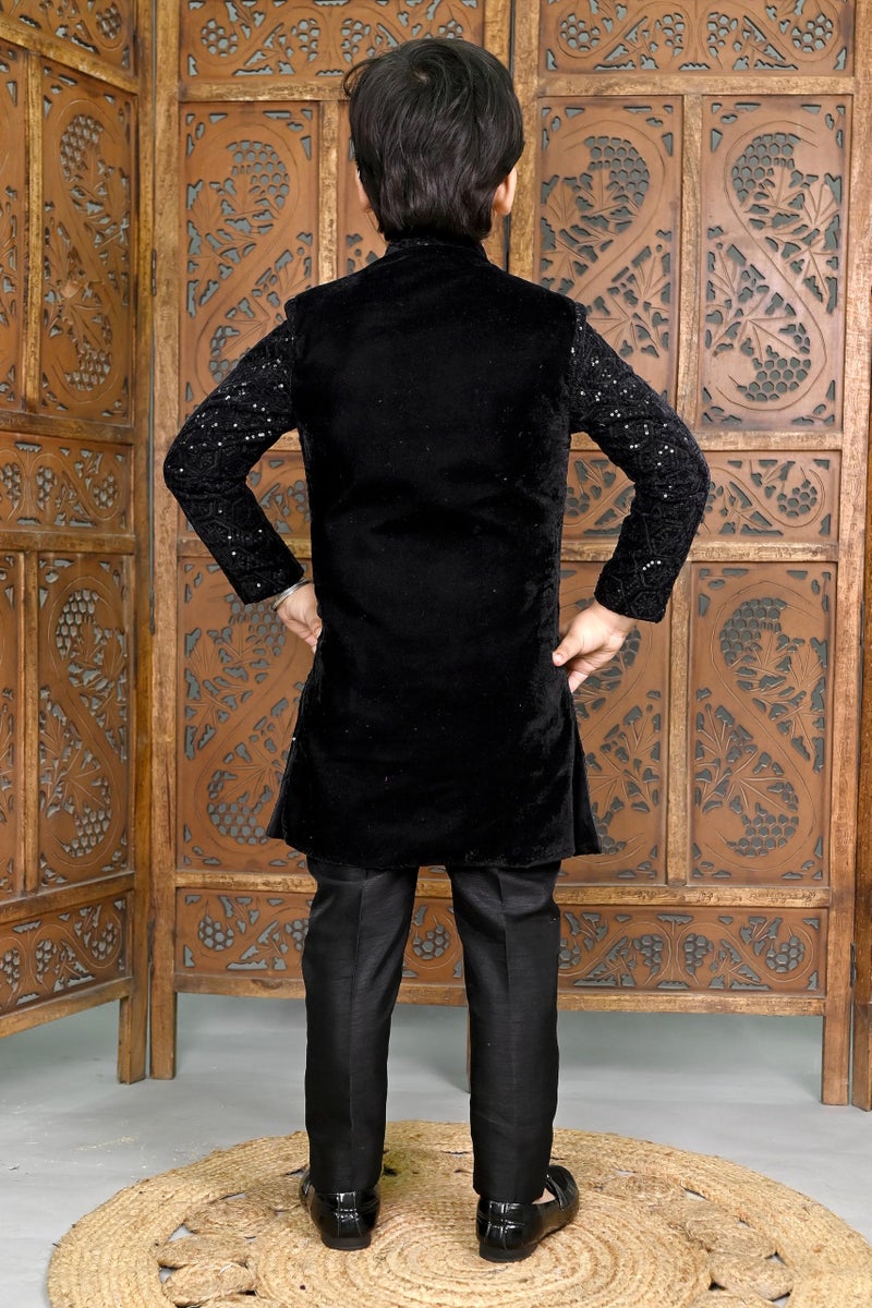 AHHAAAA Boys Velvet Embroidered 2-Piece Sherwani Set with Solid Pajama Pants – Elegant Traditional Outfit for Kids|Black, 4-5 Years| - Image 3