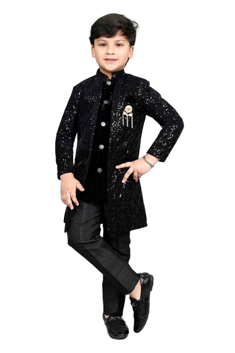 AHHAAAA Boys Velvet Embroidered 2-Piece Sherwani Set with Solid Pajama Pants – Elegant Traditional Outfit for Kids|Black, 4-5 Years| - Image 1