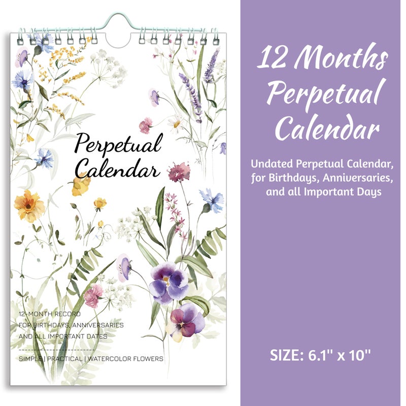 BowCuk Perpetual Calendar â€“ Undated Calendar 12-Month for Birthday, Anniversaries, Important Days, Festivals Reminder, 6'' x 10'' with 2 Lines Per Days, Twin-wire Binding, Thicker Paper, Minimalist Flowers - Image 2