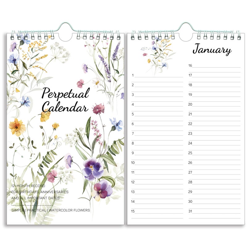BowCuk Perpetual Calendar â€“ Undated Calendar 12-Month for Birthday, Anniversaries, Important Days, Festivals Reminder, 6'' x 10'' with 2 Lines Per Days, Twin-wire Binding, Thicker Paper, Minimalist Flowers - Image 1