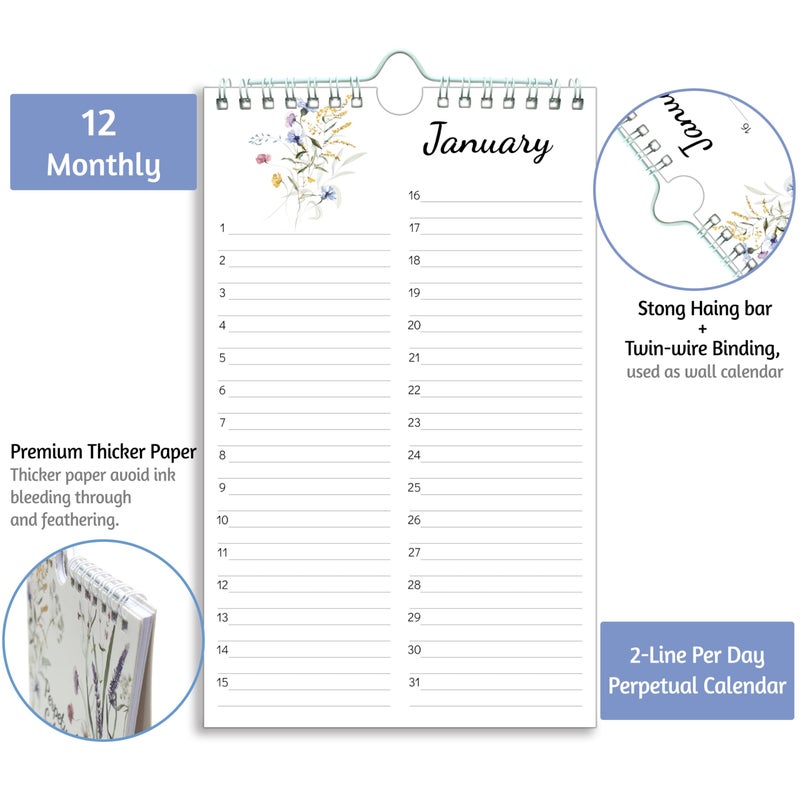 BowCuk Perpetual Calendar â€“ Undated Calendar 12-Month for Birthday, Anniversaries, Important Days, Festivals Reminder, 6'' x 10'' with 2 Lines Per Days, Twin-wire Binding, Thicker Paper, Minimalist Flowers - Image 5
