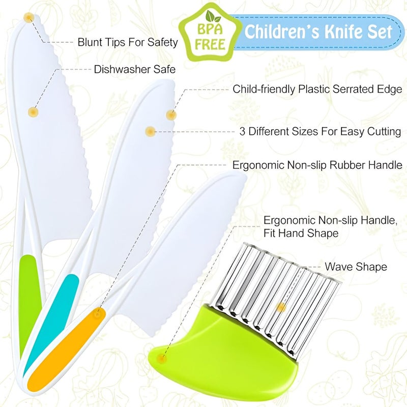 Riviox 4 Pcs Kids Knife Set – Nylon Kitchen Knives with Crinkle Cutter & Serrated Edges | Toddler Chef Tools for Real Cooking & Cutting Fruit, Bread, and Vegetables (Multi Colour) - Image 2