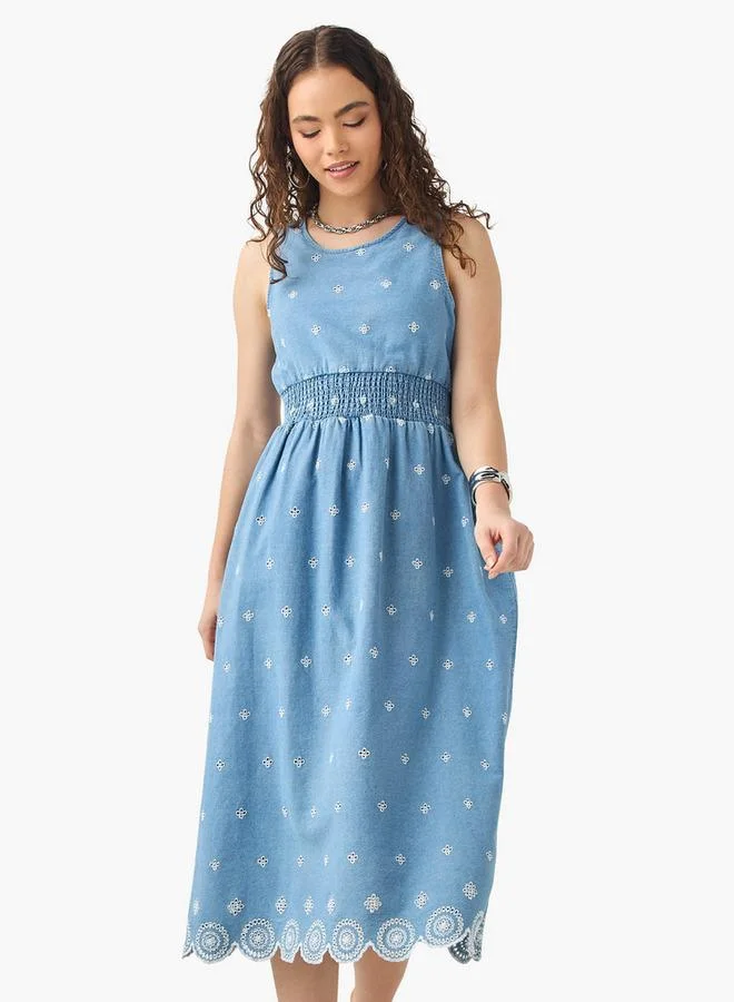 Lee Cooper Schiffli Embroidered Sleeveless Cotton Dress with Smocked Detail