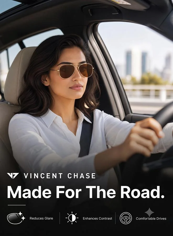 Vincent Chase  Vincent Chase By Lenskart | Full Rim Aviator Branded Latest and Stylish Sunglasses | Polarized and 100% UV Protected | Men & Women | Medium | VC 5158/P Golden Frame/Brown Lens - Pack of 1  | Best Price UAE