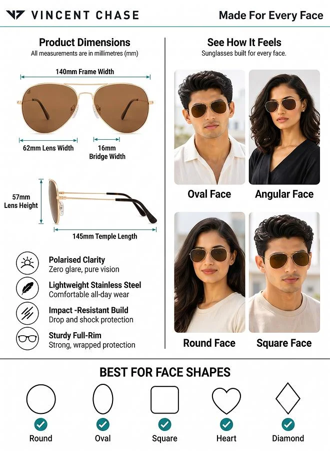 Vincent Chase  Vincent Chase By Lenskart | Full Rim Aviator Branded Latest and Stylish Sunglasses | Polarized and 100% UV Protected | Men & Women | Medium | VC 5158/P Golden Frame/Brown Lens - Pack of 1  | Best Price UAE