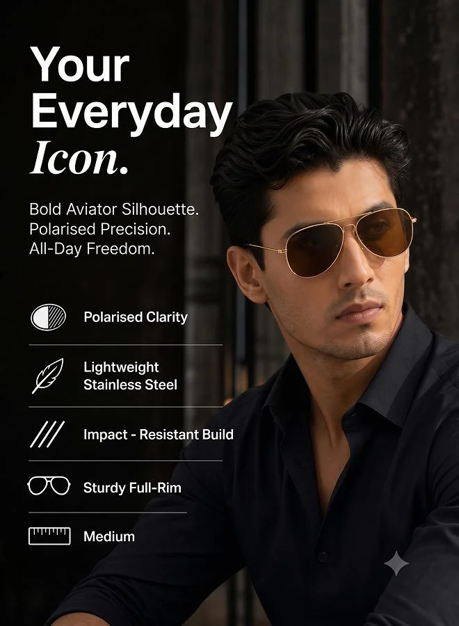 Vincent Chase  Vincent Chase By Lenskart | Full Rim Aviator Branded Latest and Stylish Sunglasses | Polarized and 100% UV Protected | Men & Women | Medium | VC 5158/P Golden Frame/Brown Lens - Pack of 1  | Best Price UAE