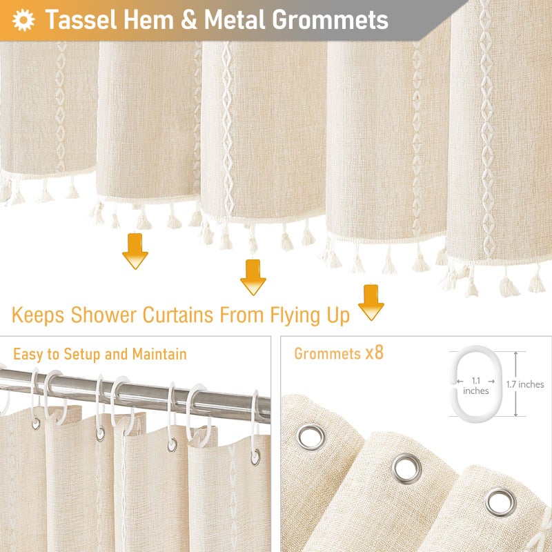 BTTN BTTN Boho Shower Stall Curtain - 48x72 Narrow Farmhouse Linen Ultra Thick Tassel Fabric Shower Curtain Set with 8 Hooks  Half Striped Camper RV Modern Country Shower Curtains for Bathroom  Cream/Beige - Image 4