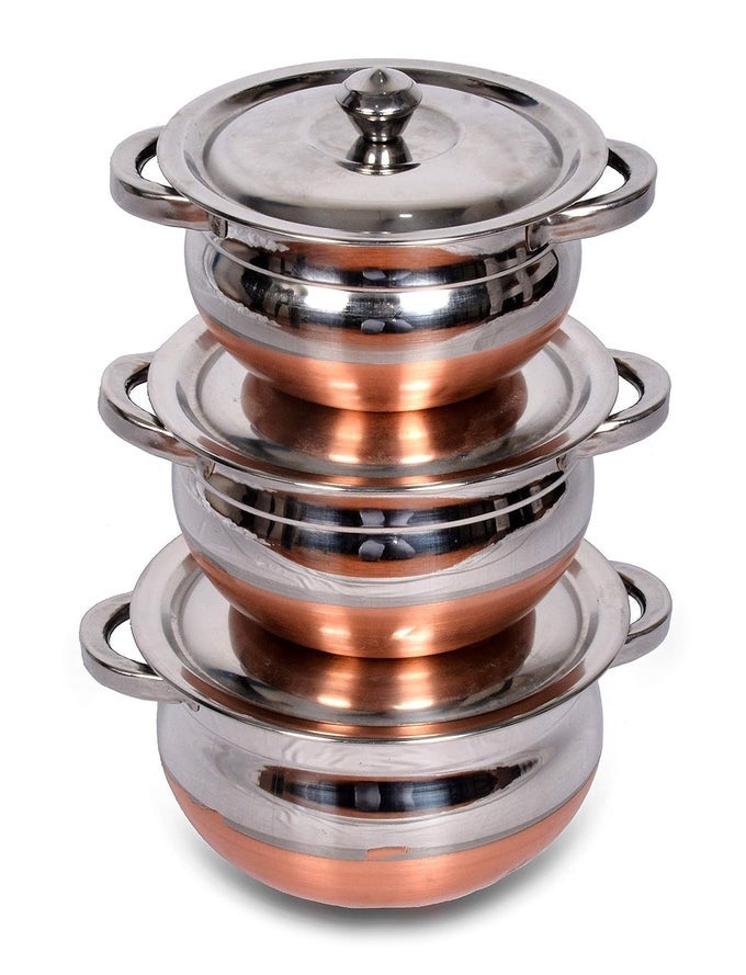KITCHEN STAINLESS STEEL HANDI SET WITH LID SET BIRYANI HANDI SET FOR COOKING SERVING BAKING PREPPING USE SET OF 3