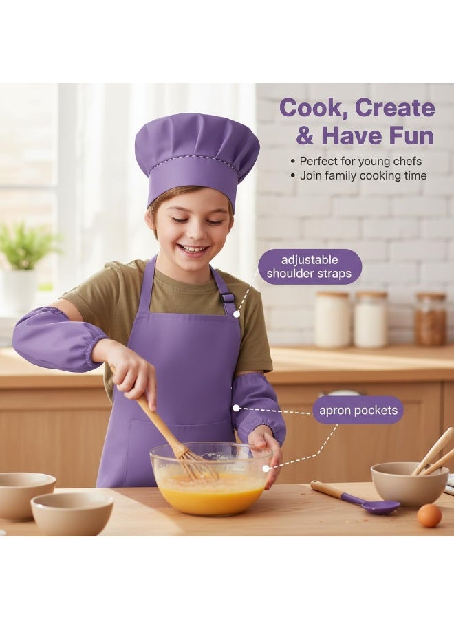 Bluejw 4 Pcs Kids Apron and Chef Hat, Sleeve Outfit Costume, Boys Girls Adjustable Aprons with 2 Pockets, Children Chef Apron Toddler Kitchen Aprons for Cooking Crafting Painting Baking (7-13 Year) - Image 4