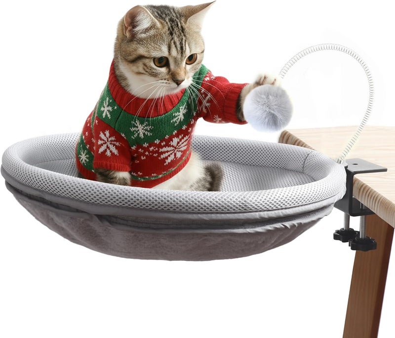 RASSR سرير قطط مكتبي مع عصا تشويش، منصة سرير قطط تحت المكتب مع مشبك قوي، حامل قطط موفر للمساحة يُثبت تحت المكتب للقطط الكبيرة (رمادي) - Image 1