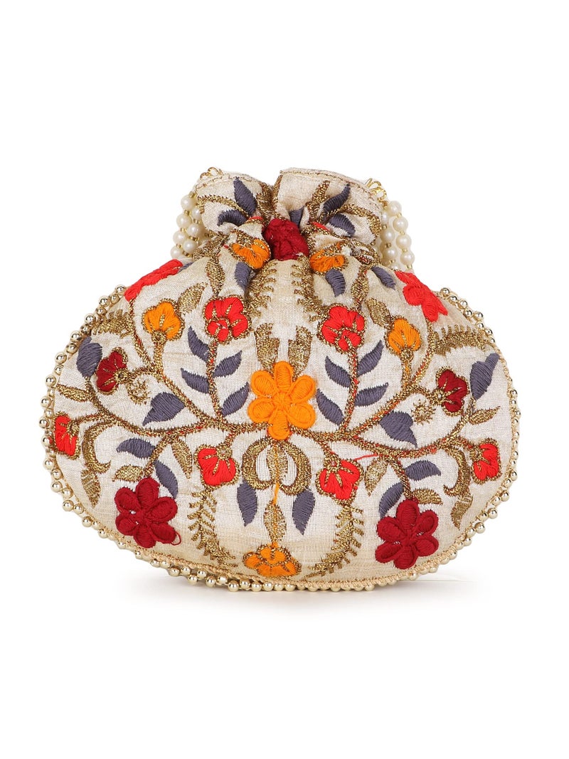 Anekaant Dangle Cream & Multi Faux Silk Potli ADCL1132A - Image 3