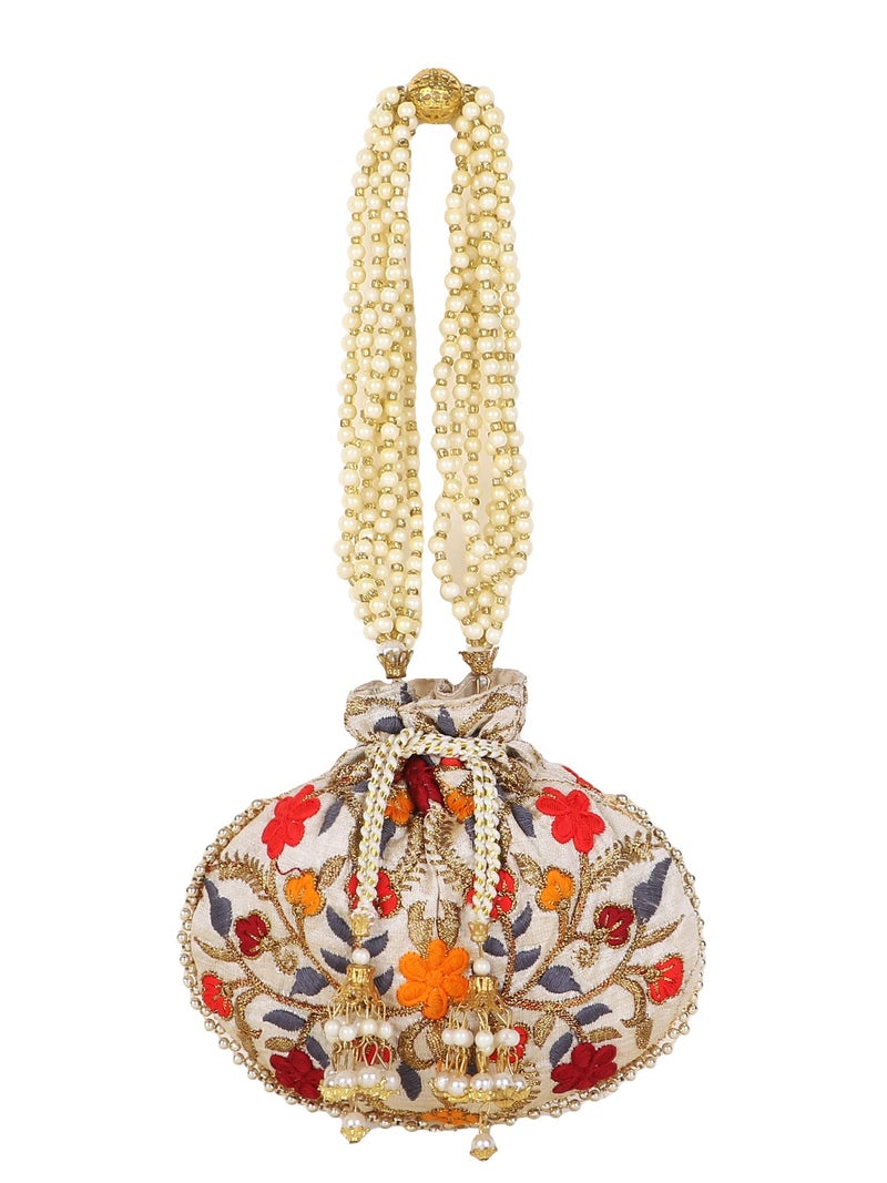 Anekaant Dangle Cream & Multi Faux Silk Potli ADCL1132A - Image 2