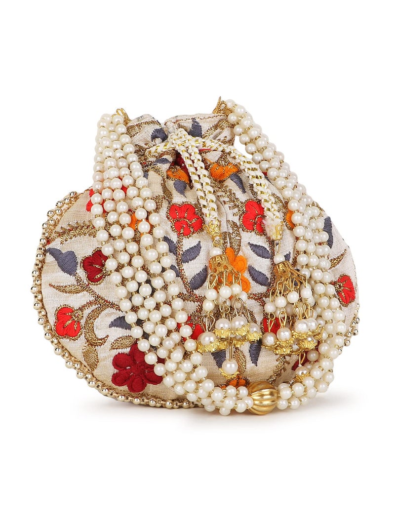 Anekaant Dangle Cream & Multi Faux Silk Potli ADCL1132A - Image 5