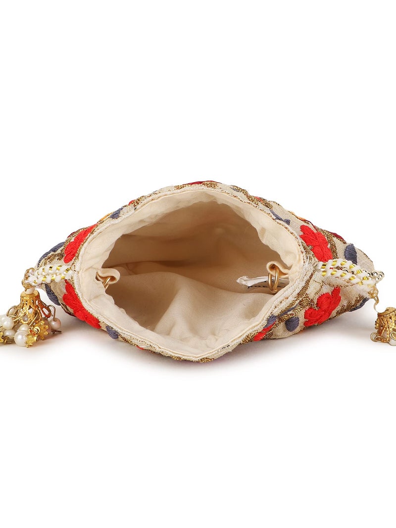 Anekaant Dangle Cream & Multi Faux Silk Potli ADCL1132A - Image 4