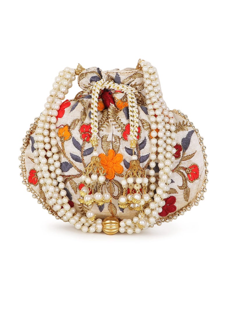 Anekaant Dangle Cream & Multi Faux Silk Potli ADCL1132A - Image 1