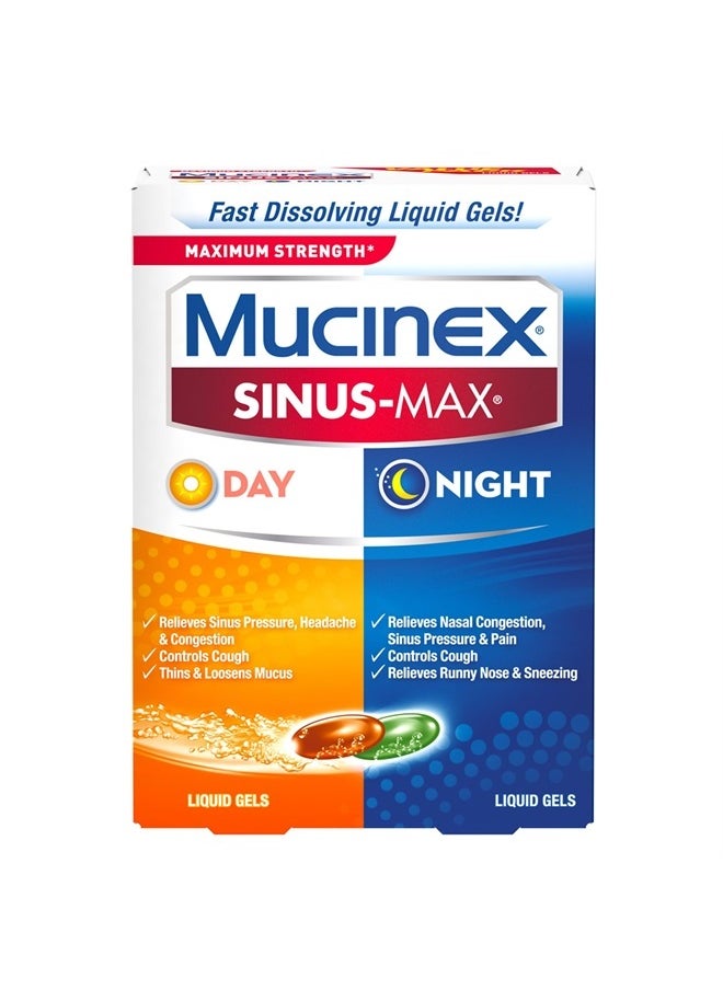 MUCINEX Sinus-Max Max Strength Day & Night Liquid Gels (24ct) Relieves Sinus Pressure and Congestion, Headaches, Pain, Runny Nose, Sneezing, Thins and Loosens Mucus, Controls Cough  - Image 1