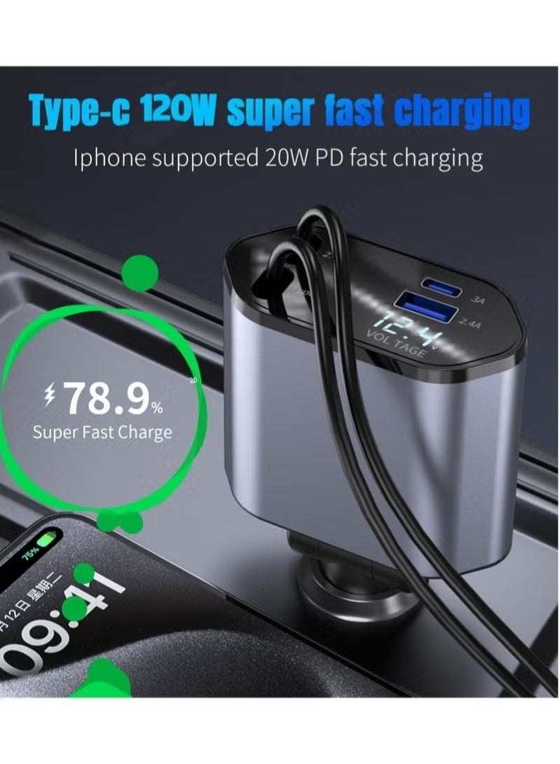 LINKUP Retractable Car Charger, 4-in-1 Fast Charging Car Charger 120W, 2.6-inch dual Type-C retractable charging cable and 2 USB ports Safe Charging is Not Hot, And It is Suitable For Various Devices Such As Mobile Phones, iPads, Dash Recorders, Tablets. - Image 3