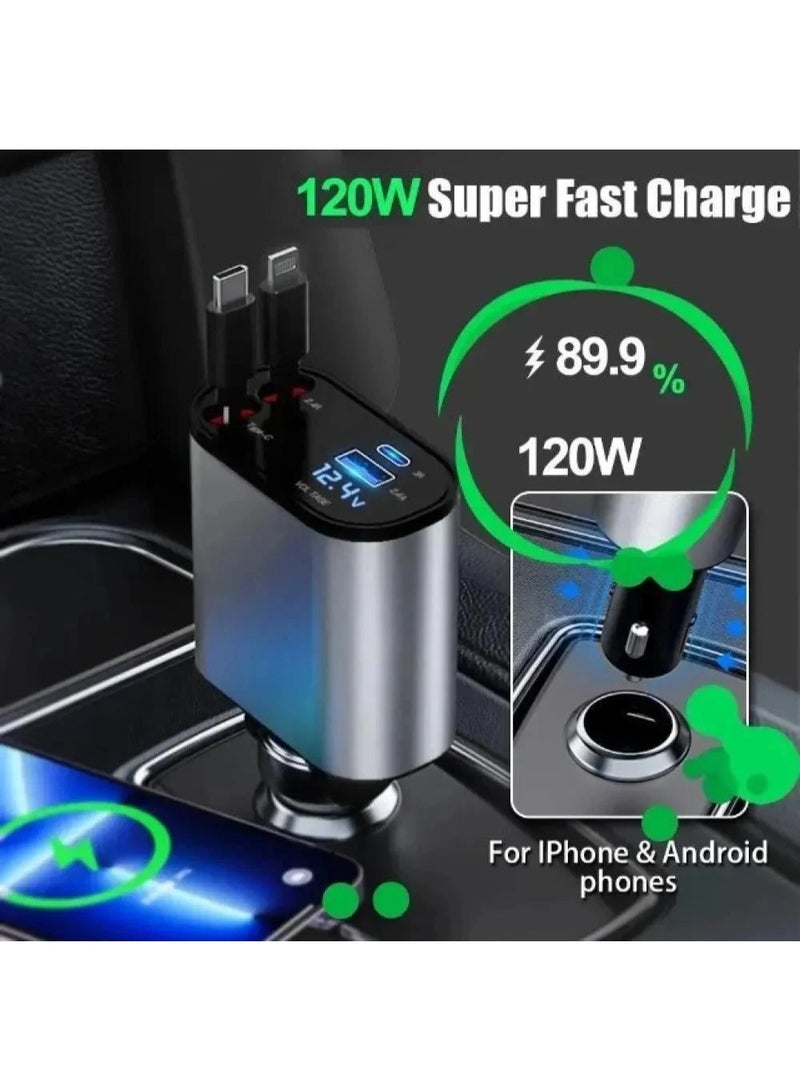 LINKUP Retractable Car Charger, 4-in-1 Fast Charging Car Charger 120W, 2.6-inch dual Type-C retractable charging cable and 2 USB ports Safe Charging is Not Hot, And It is Suitable For Various Devices Such As Mobile Phones, iPads, Dash Recorders, Tablets. - Image 5