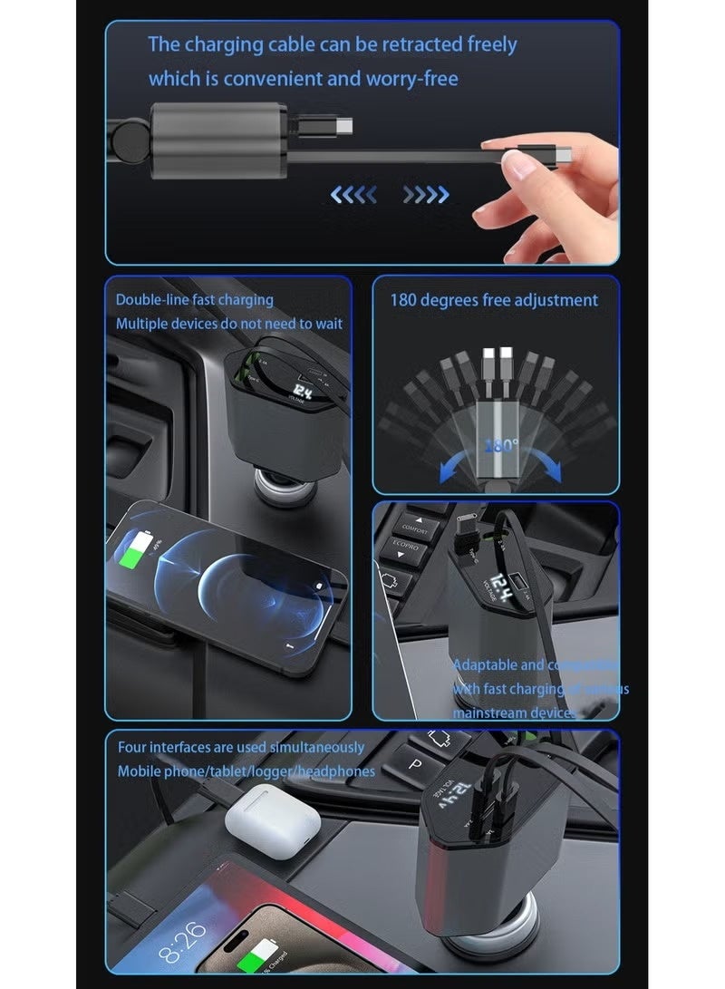 LINKUP Retractable Car Charger, 4-in-1 Fast Charging Car Charger 120W, 2.6-inch dual Type-C retractable charging cable and 2 USB ports Safe Charging is Not Hot, And It is Suitable For Various Devices Such As Mobile Phones, iPads, Dash Recorders, Tablets. - Image 4