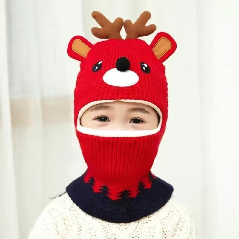 Childrens Hat Autumn and Winter 3-24 Months Ear Protection Integrated Wool Warm Ear Protection Neck Boys Girls Baby Hat Fawn-Red