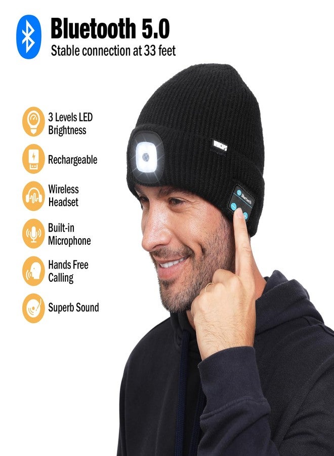 Wmcaps قبعة شتوية دافئة من Wmcaps مبطنة بالفرو مزودة بإضاءة LED وسماعات رأس لاسلكية مع ميكروفون ومكبر صوت، هدية مثالية للرجال والآباء، لون أسود - Image 3