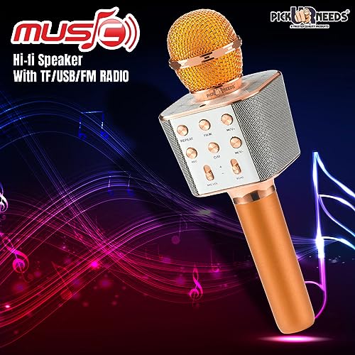 Pick Ur Needs Wireless Karaoke Mic for Singing Bluetooth Microphone Connection Player Speaker 2-in1 with Recording + USB+FM (Golden Boom) (Gold) - Image 2