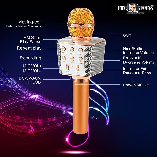 Pick Ur Needs Wireless Karaoke Mic for Singing Bluetooth Microphone Connection Player Speaker 2-in1 with Recording + USB+FM (Golden Boom) (Gold) - Image 4