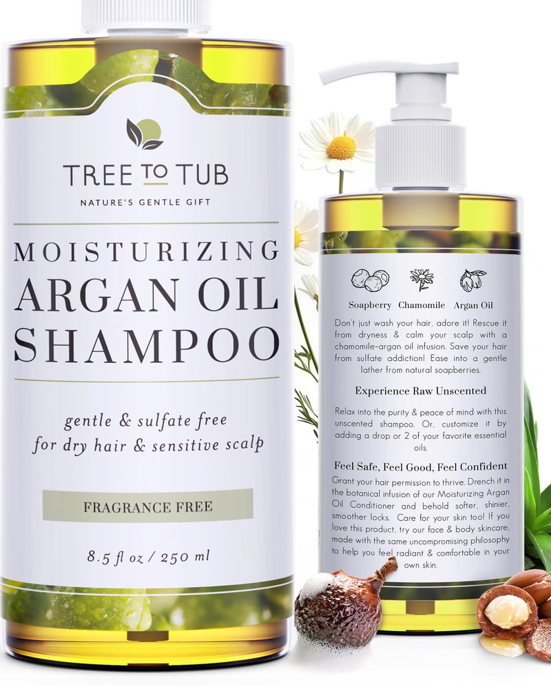 Tree to Tub Fragrance Free Shampoo for Dry & Sensitive Scalp - Gentle Unscented Hydrating Hair Shampoo for Women & Men, Moisturizing Sulfate Free Shampoo w/Organic Argan Oil, All Natural Soapberry - Image 1