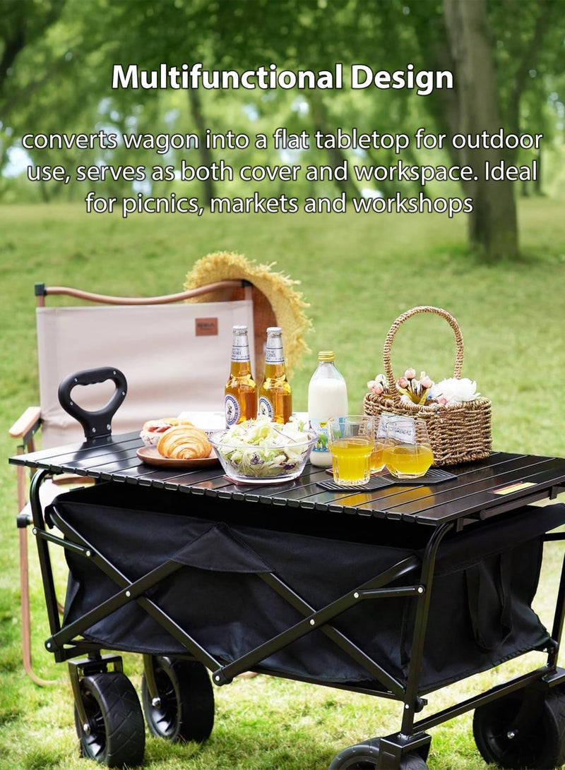 توشيونيكس عربة قابلة للطي بعجلات كبيرة وسطح مكتب خشبي وصندوق تخزين من القماش قابل للإزالة - عربة أدوات قابلة للطي شديدة التحمل للاستخدام في الهواء الطلق والمهرجانات والتخييم والنزهات والتسوق والحديقة - تدعم ما يصل إلى 150 كجم عربة مقطورة نقل محمولة بعجلات وصينية، أسود 90 × 50 × 100 سم - Image 2