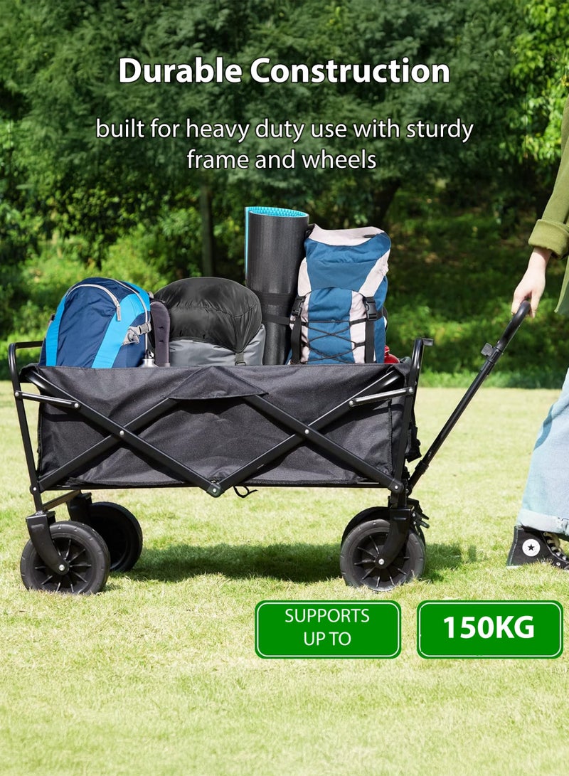 توشيونيكس عربة قابلة للطي بعجلات كبيرة وسطح مكتب خشبي وصندوق تخزين من القماش قابل للإزالة - عربة أدوات قابلة للطي شديدة التحمل للاستخدام في الهواء الطلق والمهرجانات والتخييم والنزهات والتسوق والحديقة - تدعم ما يصل إلى 150 كجم عربة مقطورة نقل محمولة بعجلات وصينية، أسود 90 × 50 × 100 سم - Image 3