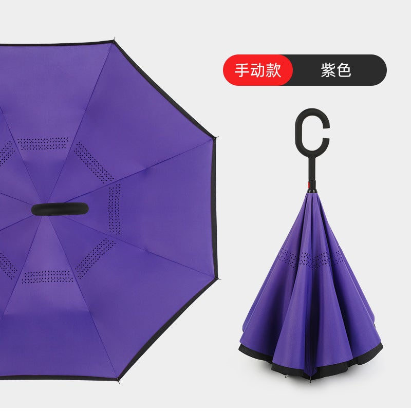 Hands-Free C-Handle Standable Reverse Umbrella Purple hand opening 
